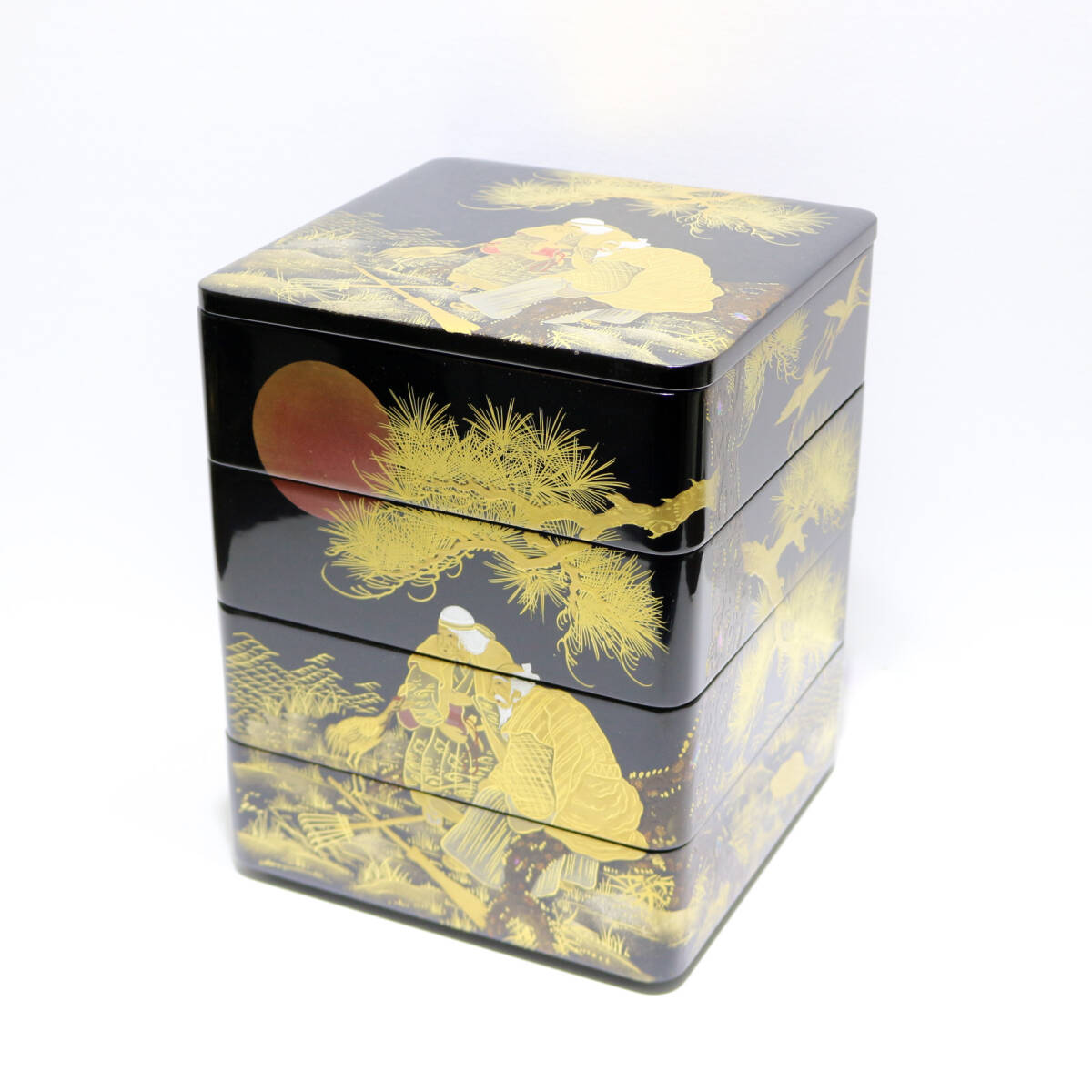 四段重箱 / 漆塗 / 高砂蒔絵 / 螺鈿 / 輪島塗 / 漆器 / 老人 / 松文 / 鶴 / 亀 / 漆工芸 / 菓子器 / 木製 / 時代物 / 古い / 共箱