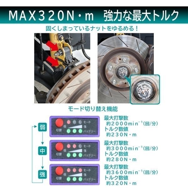 大自工業 Meltec MP-100 充電式電動インパクトレンチ タイヤ交換工具 MeltecPlus MP-100 バッテリー容量3.0Aの画像5