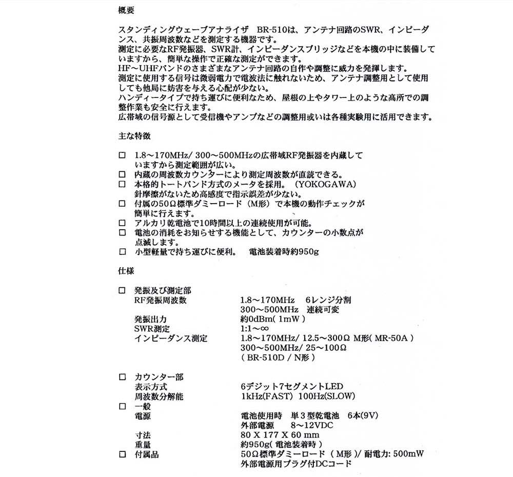 BR-510D 【KURANISHI】HF～430MHz(STANDING WAVE ANALYZER）現状渡し品_画像3