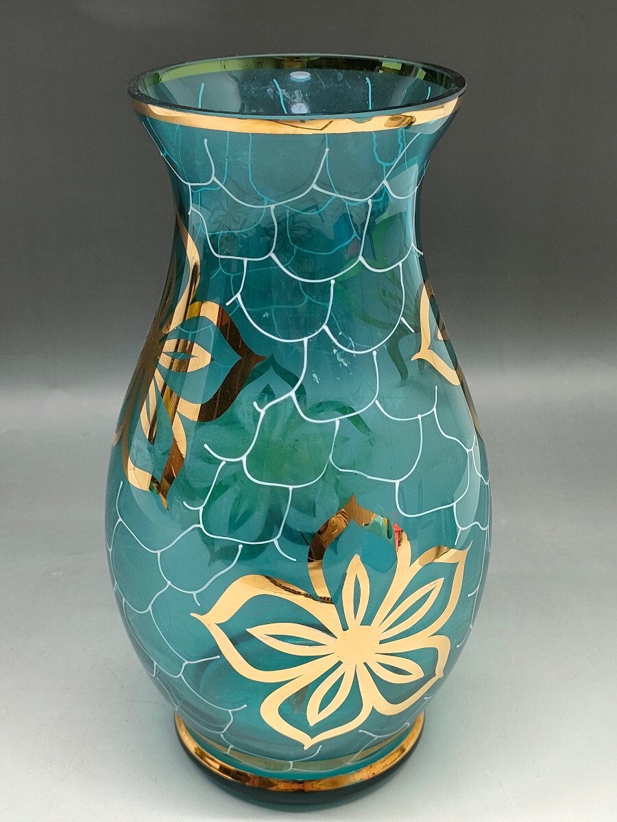 花瓶 花器 フラワーベース ボヘミアクリスタル BOHEMIA GLASS ブルー 青 金彩 花絵の画像1