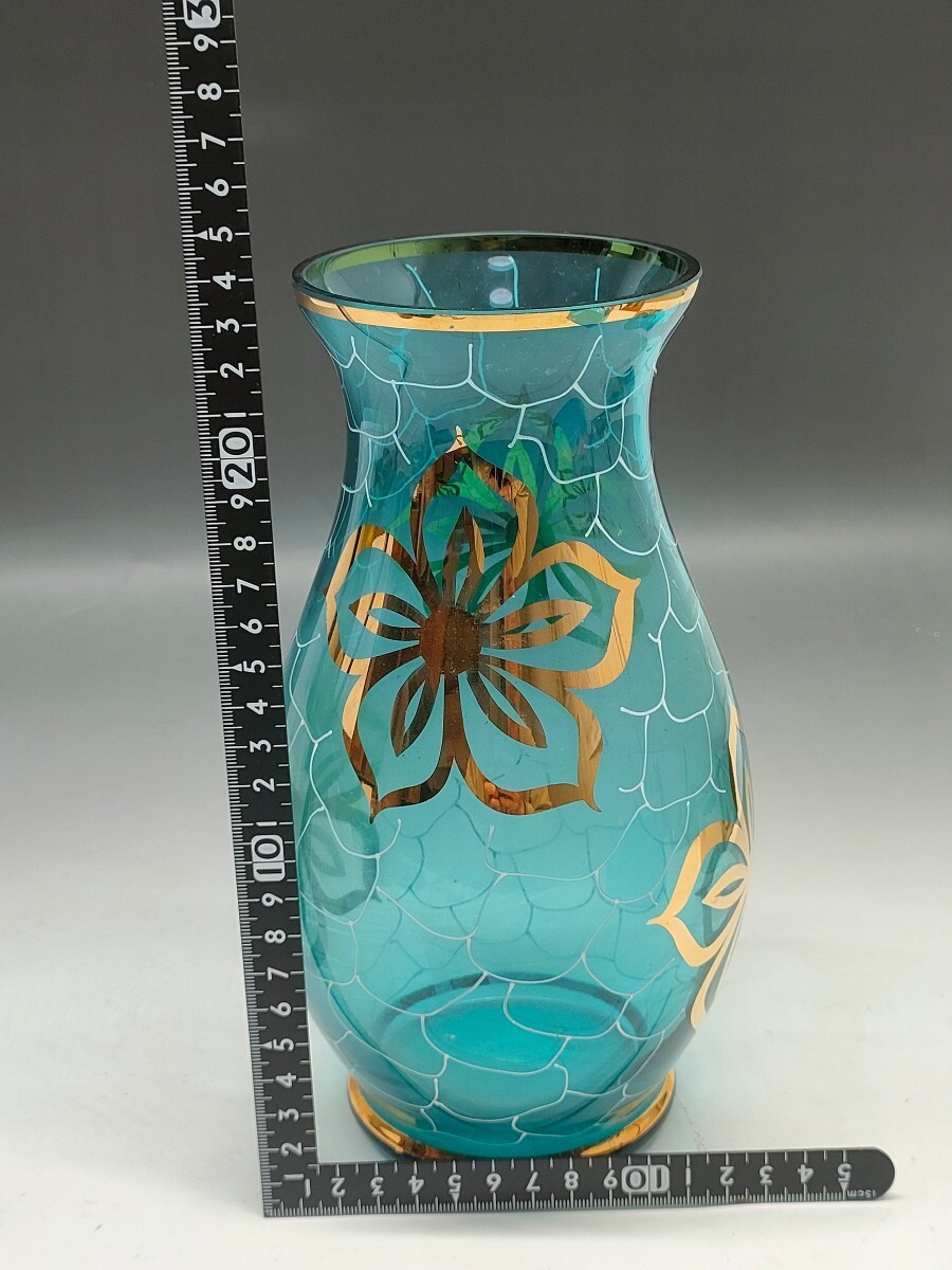 花瓶 花器 フラワーベース ボヘミアクリスタル BOHEMIA GLASS ブルー 青 金彩 花絵の画像9