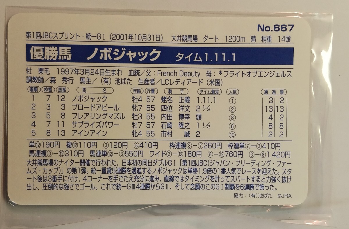 開封済　ゴールドカード　No.667　ノボジャック　まねき馬倶楽部　競馬　カード_画像2