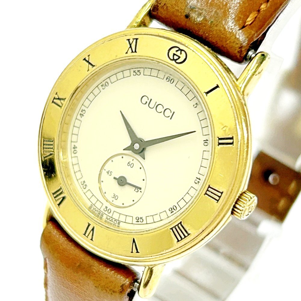 【1円スタート】【箱付き】GUCCI グッチ 3000.2.L スモセコ GP アイボリー文字盤 クオーツ レディース腕時計 262973の画像2