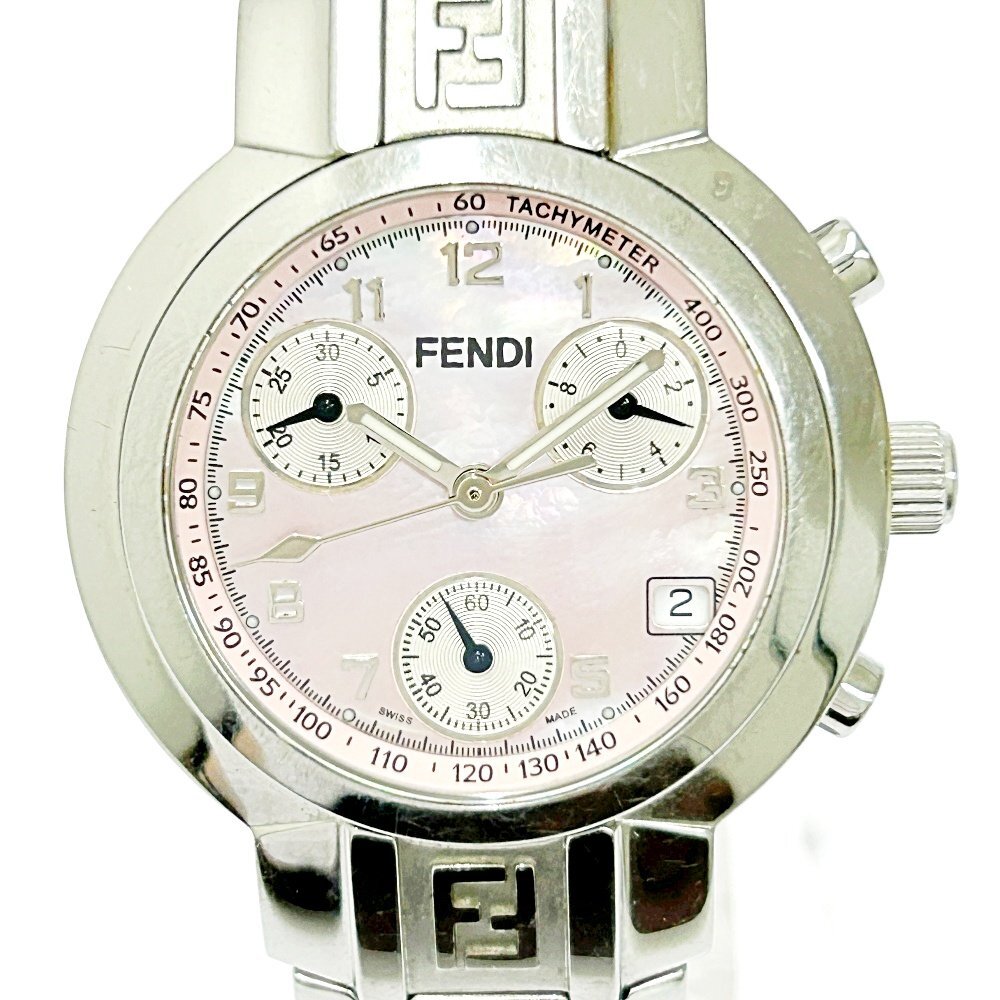 【1円スタート】FENDI フェンディ 4500L クロノグラフ SS ピンクシェル文字盤 クオーツ レディース腕時計 263019の画像1