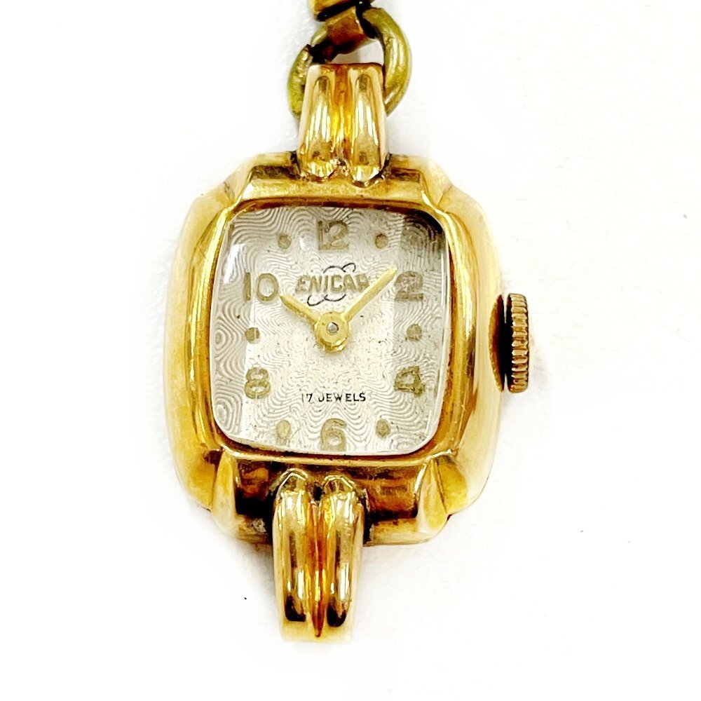 [1 jpy start ][ antique ]ENICARenika17 stone square 18K/0.750 stamp hand winding lady's wristwatch Junk 263071