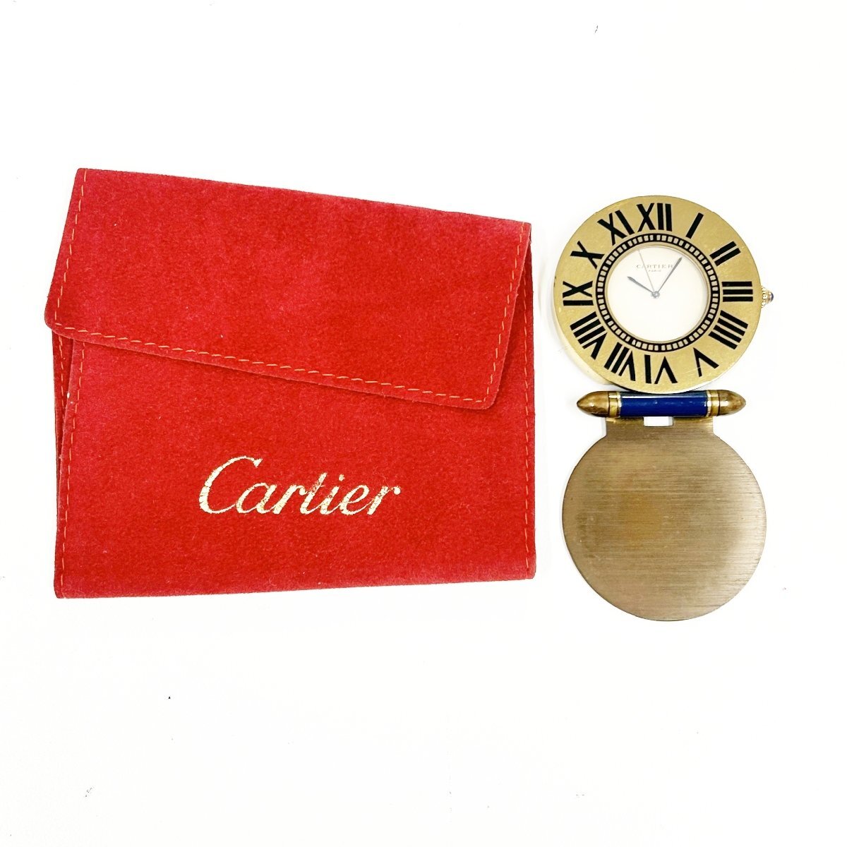 【1円スタート】【保存袋付き】Cartier カルティエ トラベルクロック ラウンド アイボリー文字盤 クオーツ 置時計 ジャンク 260610の画像7