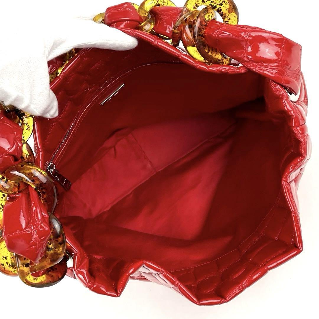 【美品】MIU MIU ミュウミュウ ハンドバッグ べっ甲 クロコ シルバー金具 ロゴ 白タグ パテント レザー 赤 レッド フォーマル ＊A4収納可能の画像7