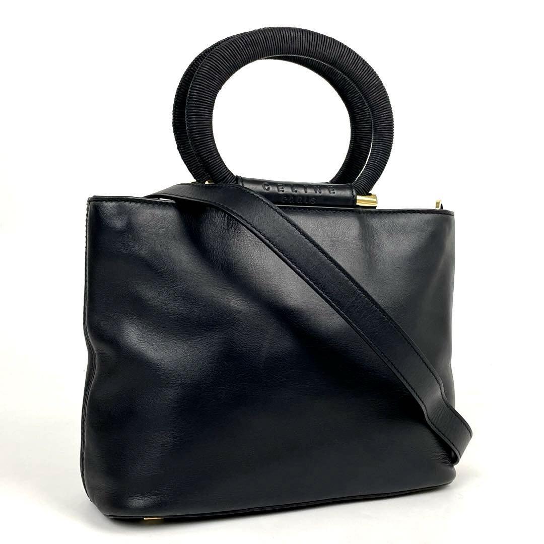 【美品】CELINE セリーヌ ハンドバッグ 2way サークル ハンドル ロゴ型押し ショルダーバッグ ゴールド金具 斜め掛け レザー 黒 ブラック