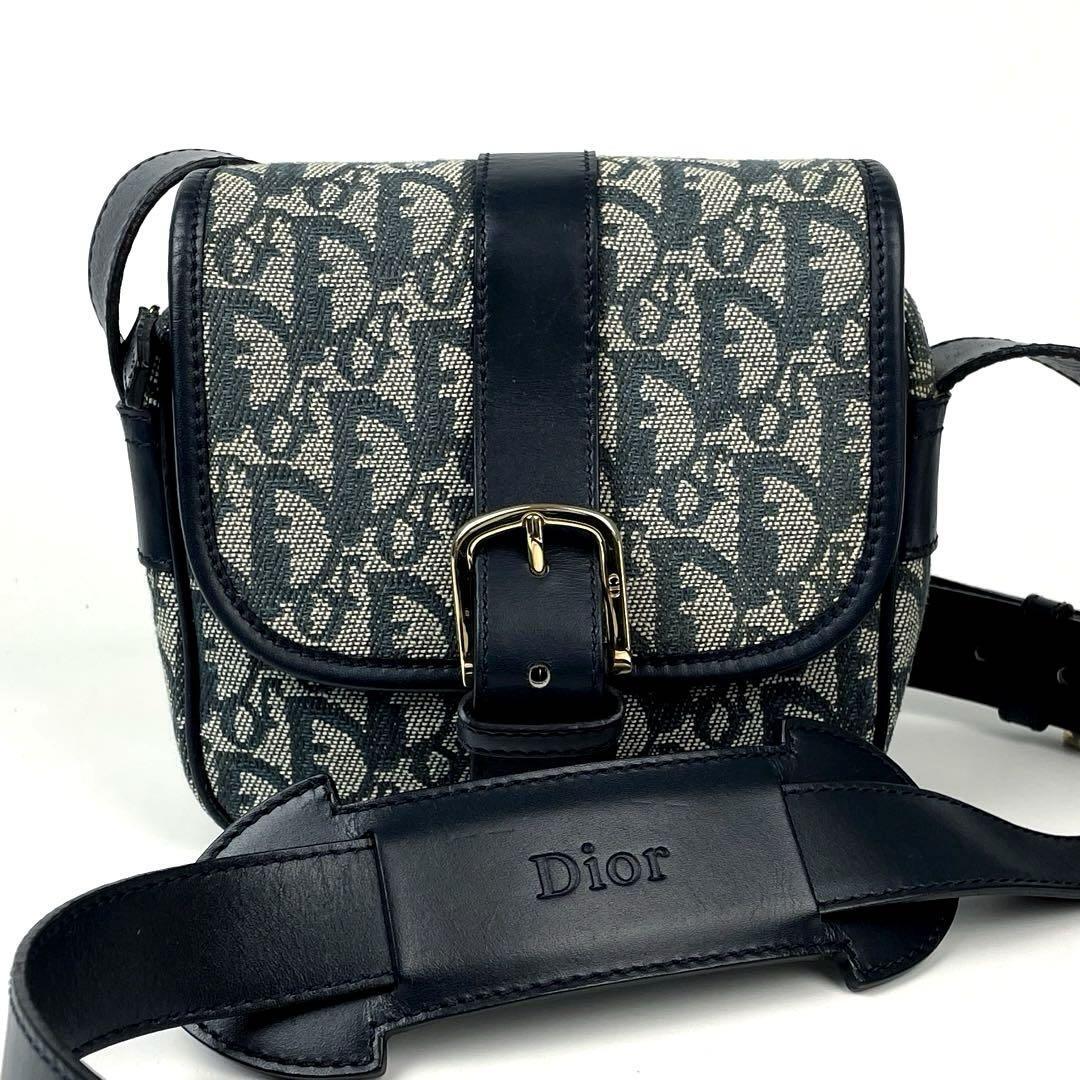 【美品】Christian Dior ディオール ショルダーバッグ トロッター 総柄 ゴールド金具 ベルト 斜め掛け レザー キャンバス 紺色 ネイビー_画像1