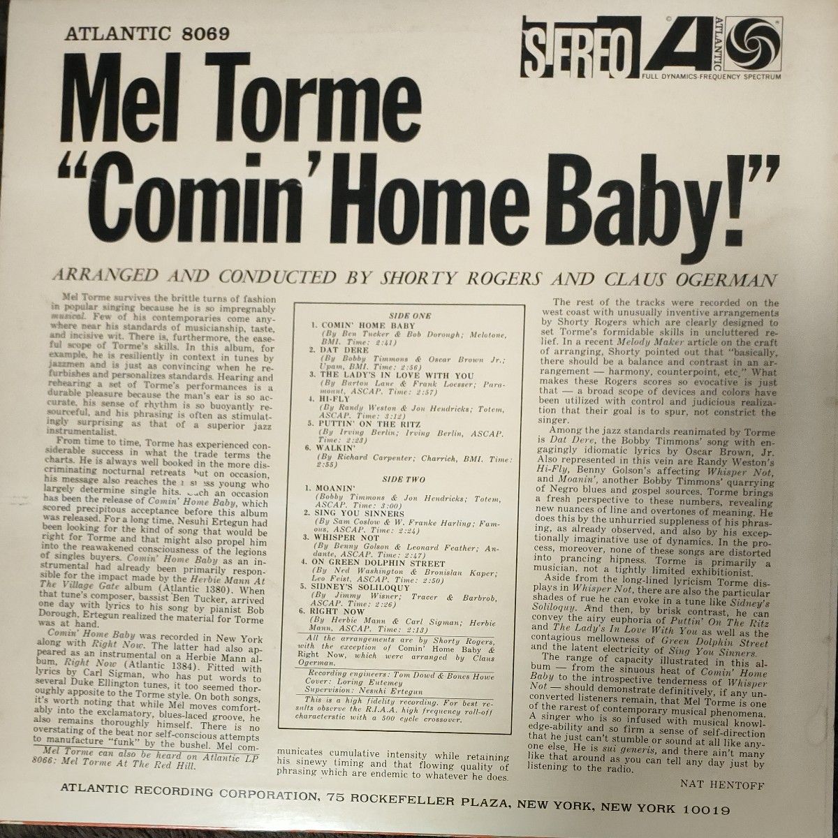 MEL TORME/COMINHOME BABY：LP ATLANTICRECORD国内盤