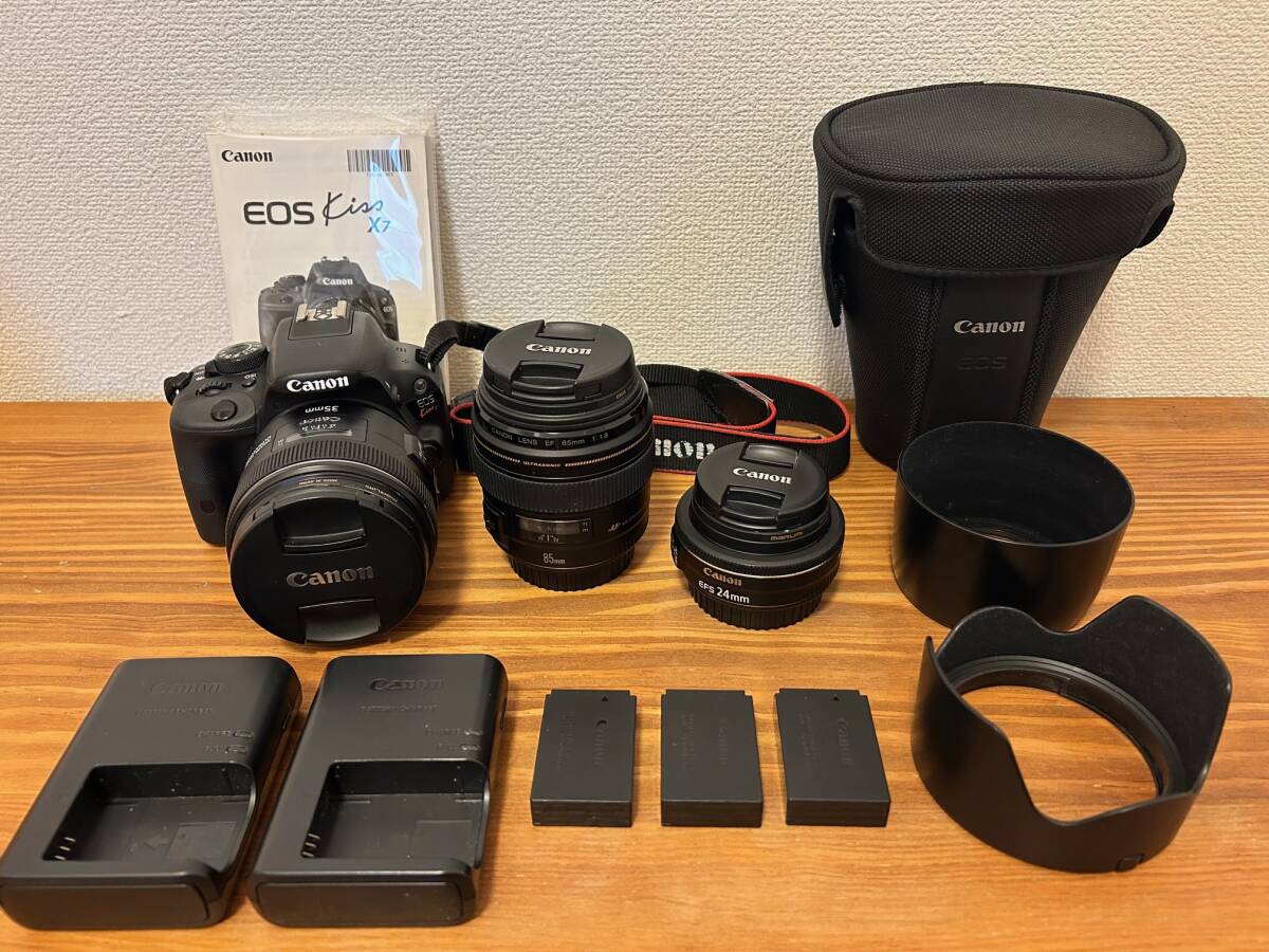 1円～！中古美品EOS Kiss X7, EF35mm F2, EF85mm F1.8, EFS24mm F2.8, 他純正充実セット！