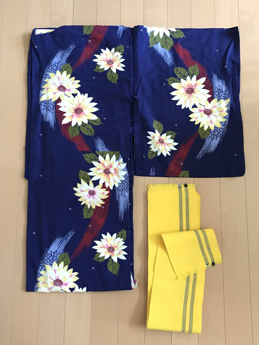 5 месяц . лот конец 1 раз только "надеты" женский юката obi комплект темно-синий цвет желтый цвет цветочный принт ... кимоно 