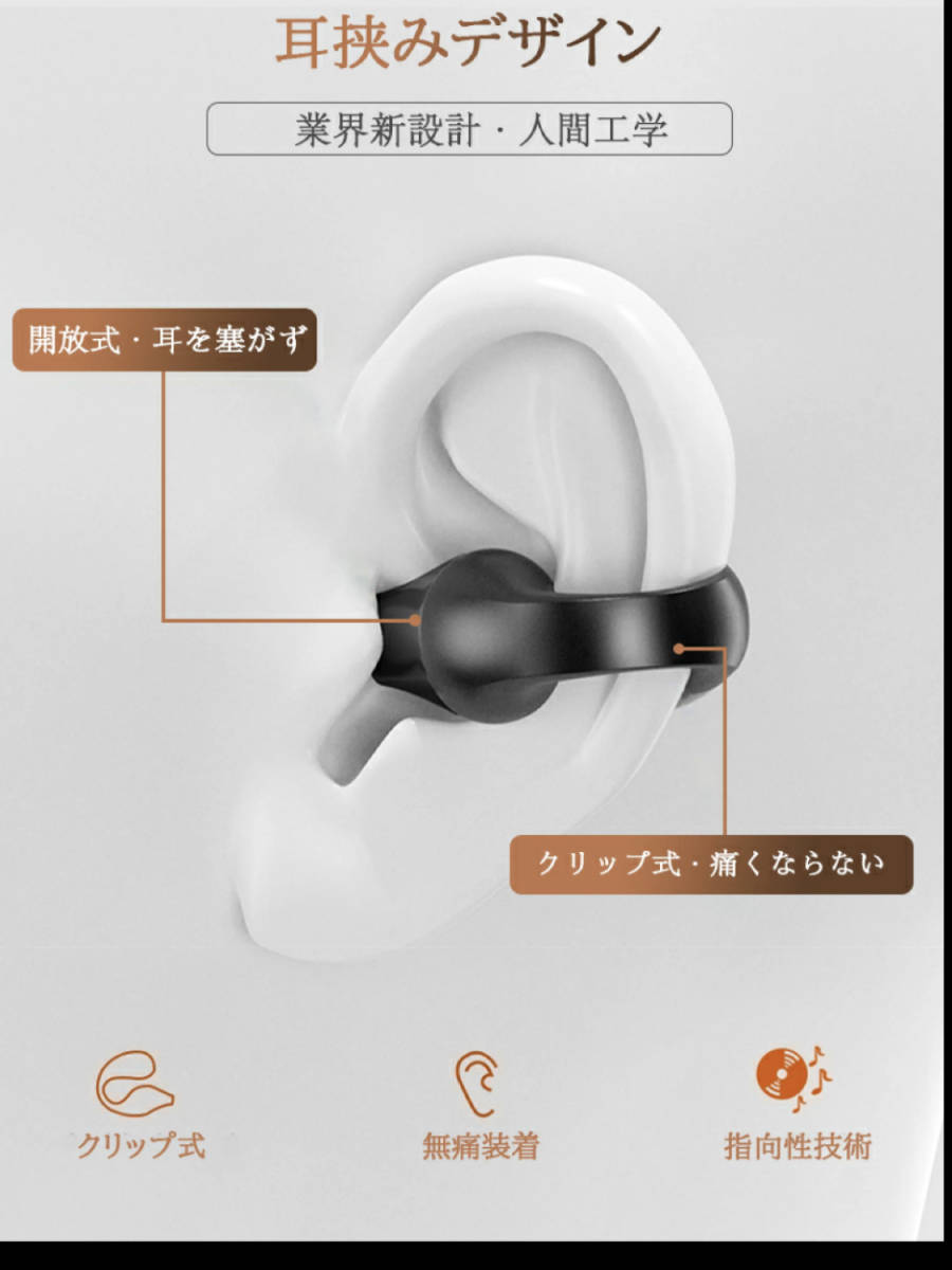Bluetooth5.3 イヤホン ワイヤレスイヤホン IPX5 空気伝導イヤホン クリップ型 防水 耳掛け スピーカー マイク 片耳 USB 充電 ホワイト 2の画像4