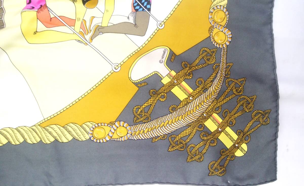 館☆P1 エルメス HERMES スカーフ カレ90 サーカス Circus シルク 88cm×88cm 大判 イエロー×グレー 