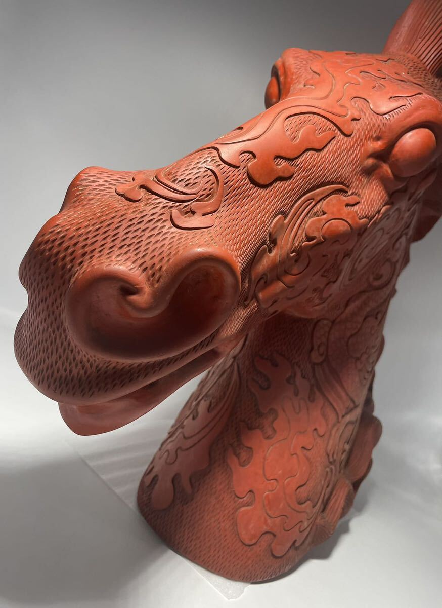 DH253 △ 中国美術 堆朱馬頭置物 彫漆 炎龍鳳凰紋 剔紅擺件 中国古玩 極上珍品 唐物 H49.5cmの画像5