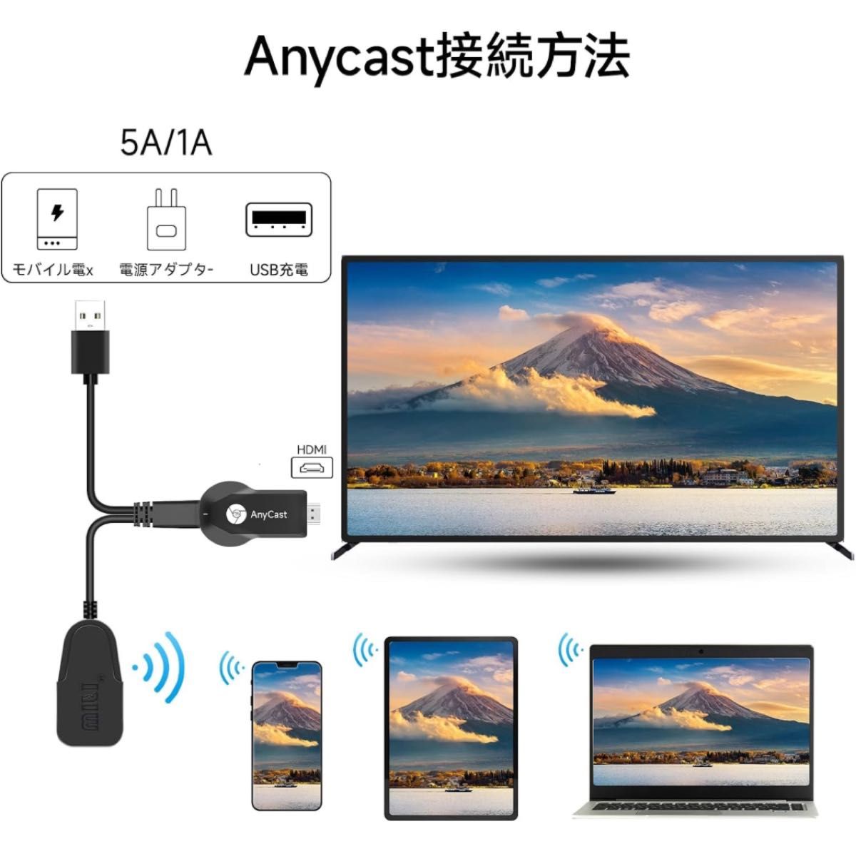 AnyCast ディスプレイアダプター Android iPhone ipad ミラーキャスト HDMI  大画面