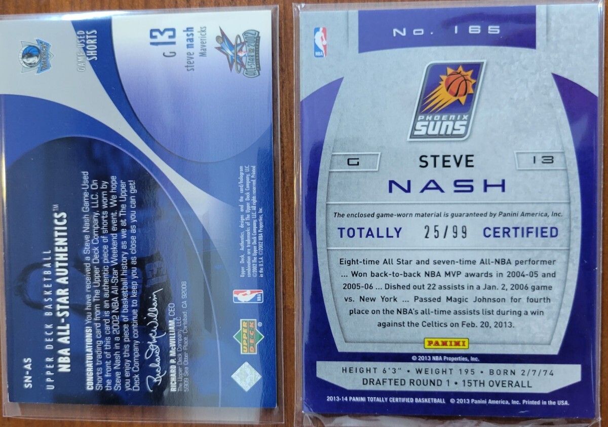 Steve Nash ジャージ 2種 02-03 Upper Deck All-Star Authentics Shorts Mavs & 13-14 Totally Certified Blue Jersey Suns 99シリの画像2