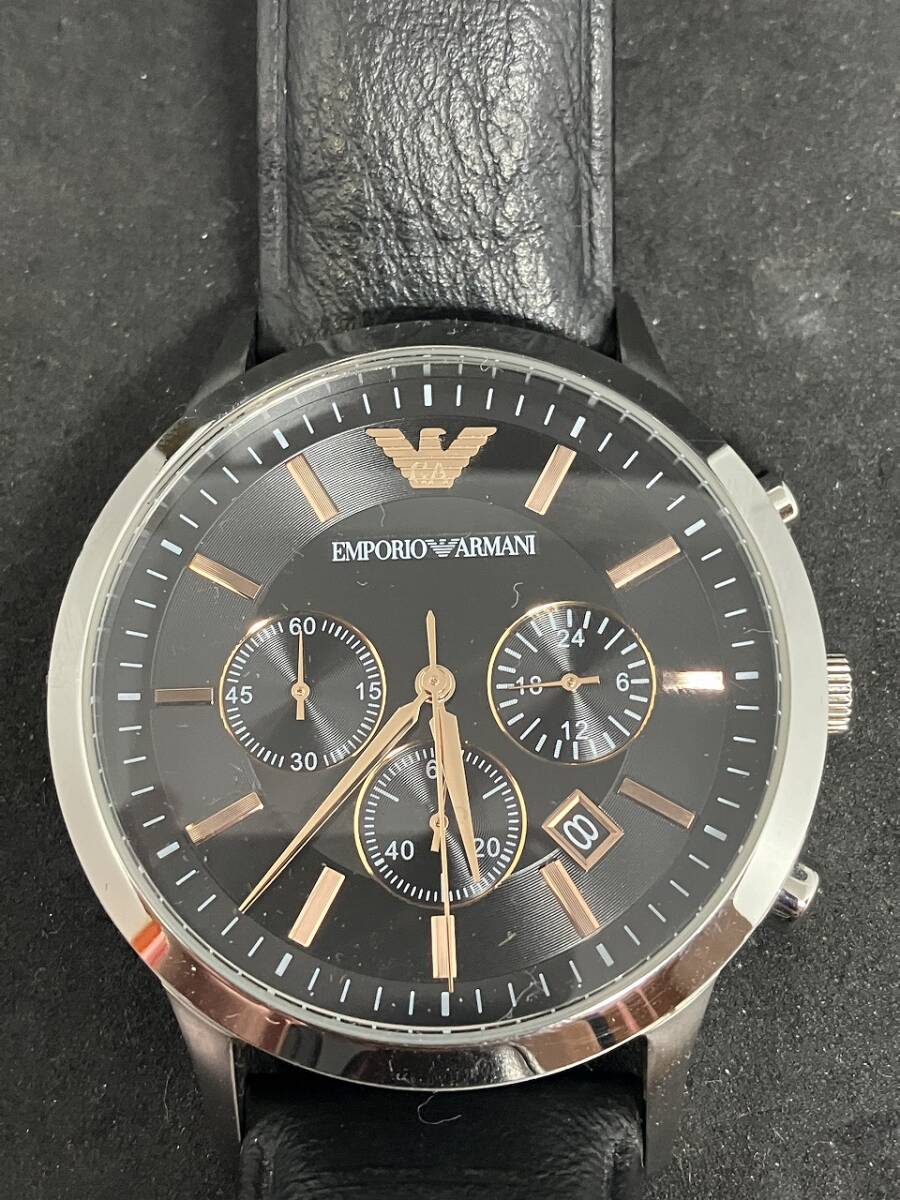 1円 希少 レア EMPORIO ARMANI エンポリオ アルマーニ メンズ 腕時計 元箱 付属品付 動作OK Quartz QZ クオーツ レザー アナログ 黒文字盤の画像9