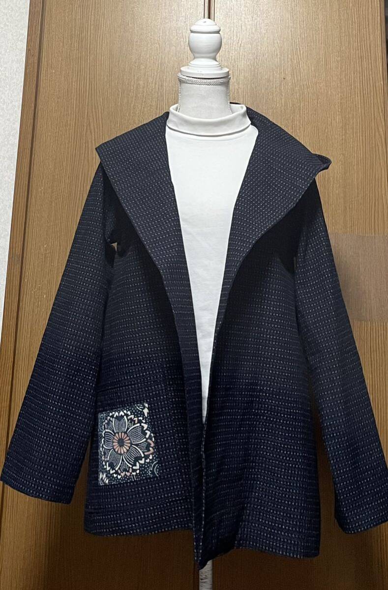 着物リメイク シンプル 書生絣のフード付きジャケット L〜LLサイズの画像1