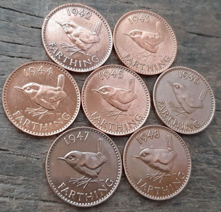 7個 イギリス 1942~48年 ブロンズ ジョージ王 ファジング 英国コイン  小鳥デザイン 本物 宜しくお願いします