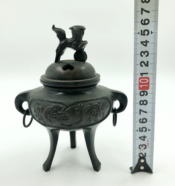 C909 金属工芸品 銅製品 香炉 三つ足 獅子 鳳凰 古美術 骨董品 の画像7