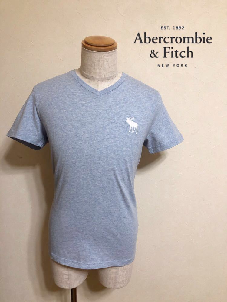 【新品】 Abercrombie & Fitch アバクロンビー&フィッチ エクスプローデッド アイコン Vネック Tシャツ サイズS 半袖 ライトヘザーブルー_画像1