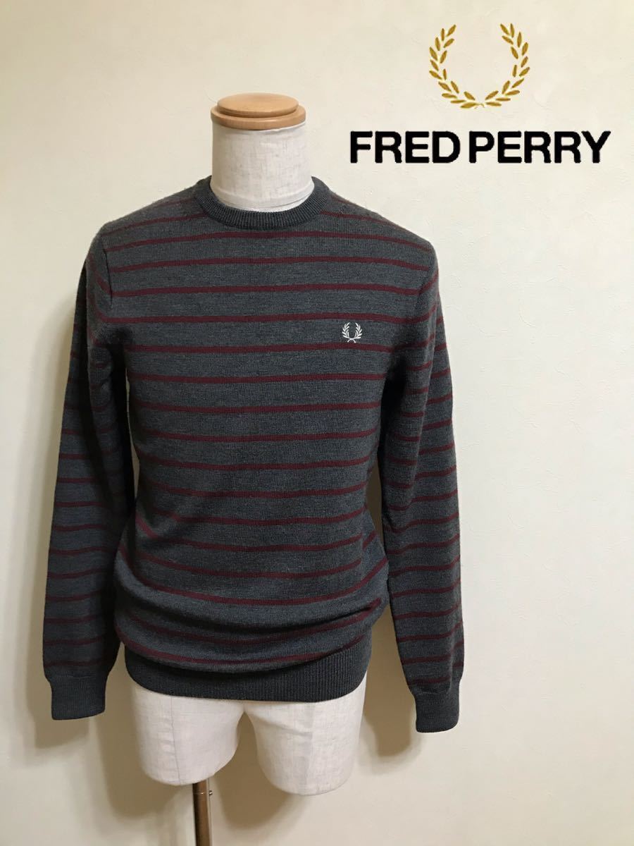 【 качественный товар 】 FRED PERRY ... красный ...  полосатый   ... шерсть  ...  вершина ...  размер  S  длинный рукав   ...  серый   бордо   пример товара  