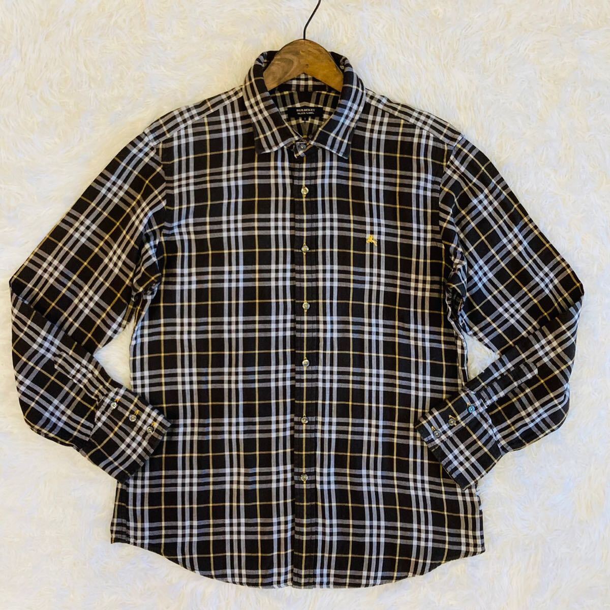  beautiful goods! rare L(3) Burberry Black Label long sleeve shirt double gauze collar wire noba check hose embroidery made in Japan BURBERRY BLACK LABEL