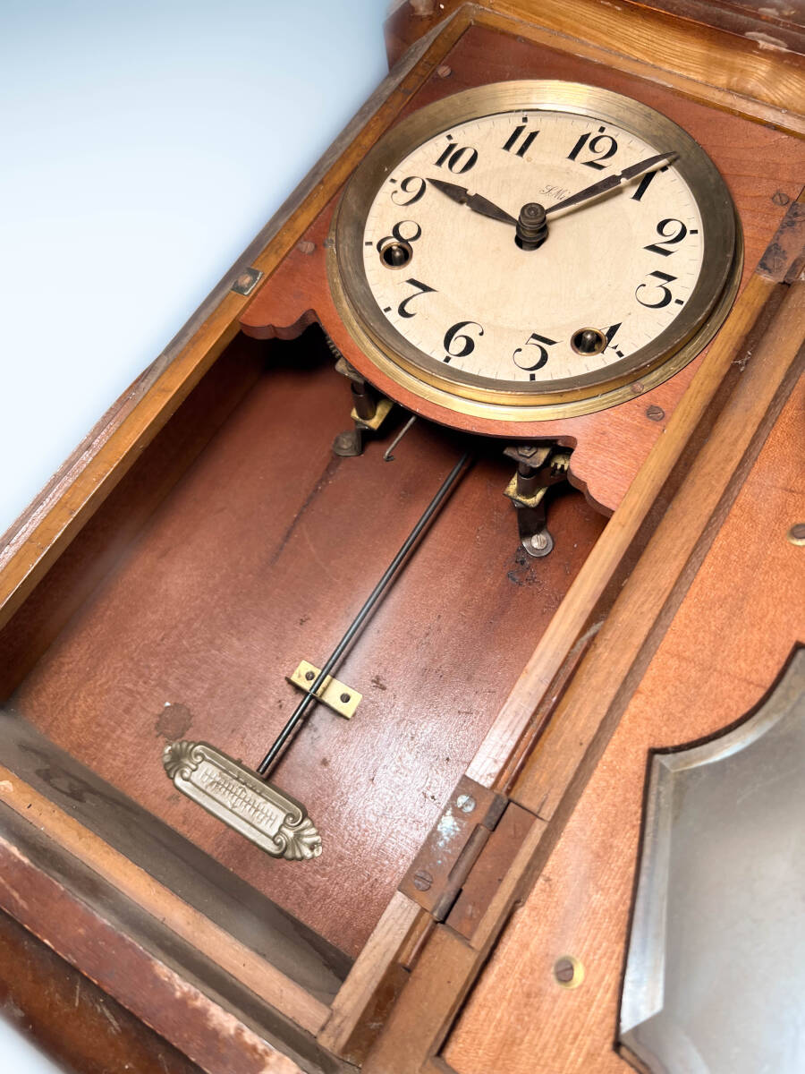 ■古い角時計 Trademark Mizu柱時計掛時計ゼンマイ式時計機械式時計手巻き 振り子時計 ドーム風防 時打ちの画像5