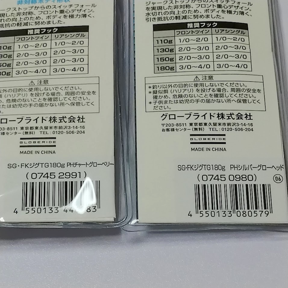 23 ソルティガ FKジグTG 180g 2個セット 「PHチャートグローベリー」「PHシルバーグローヘッド」 未開封 送料無料 ダイワ タングステン_画像3