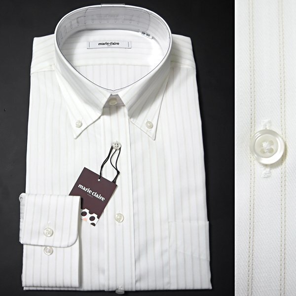 【新品ブランド品】送料無料 マリクレール marie claire 形態安定ストライプボタンダウンメンズシャツ 39-76 白 ドレスシャツノーアイロン の画像1