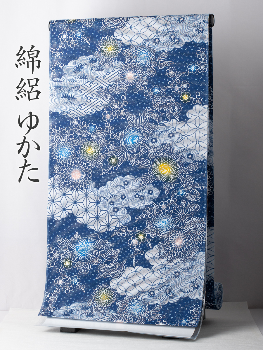 【浴衣反物】NO.3637 （紺色/雲取花柄）安心の日本製 新品【桜七軒】 綿絽 送料込！の画像1