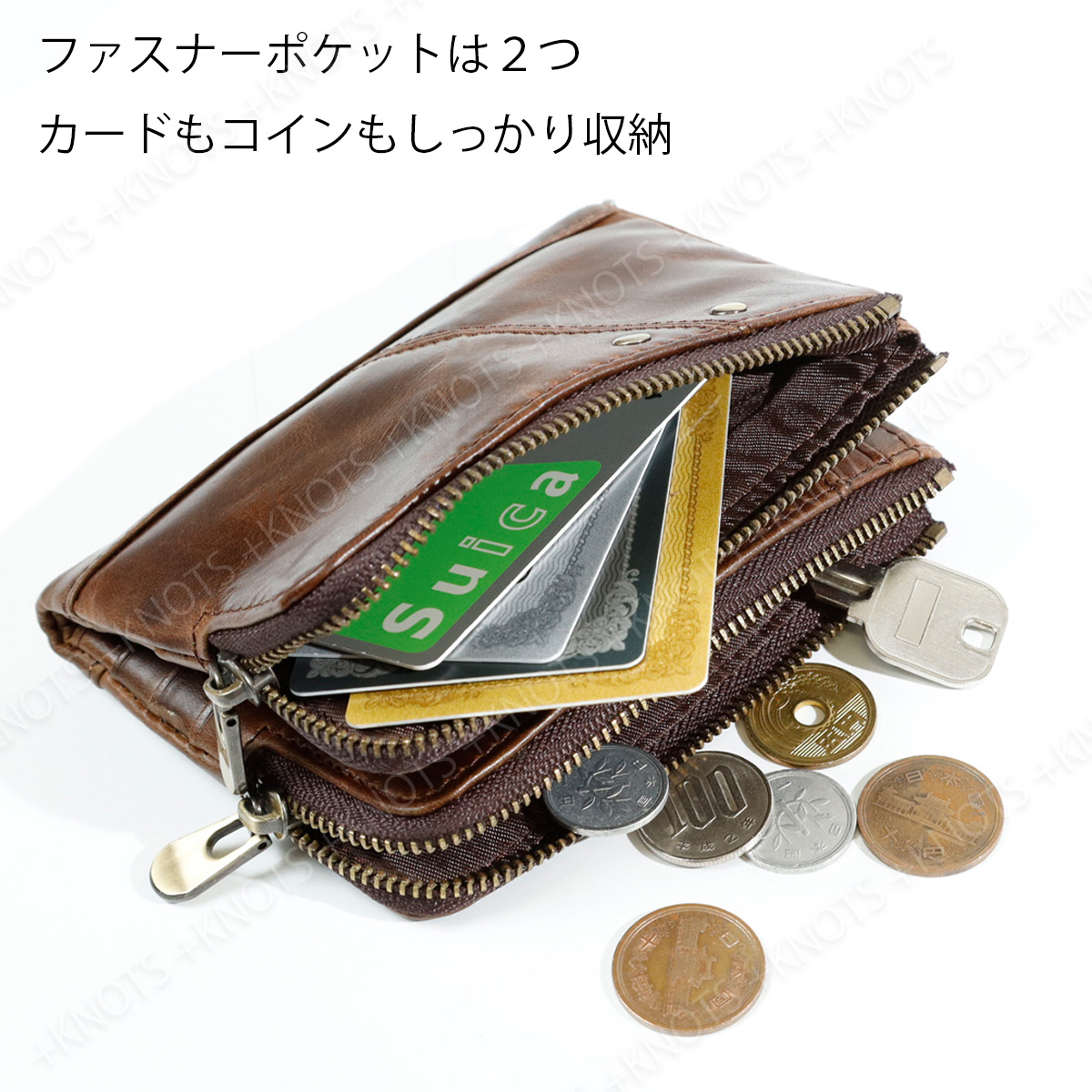 本革 多機能二つ折り財布★ブラウン★レディース メンズ 小さい財布 大容量 ふたつおり財布 チェーンウォレット