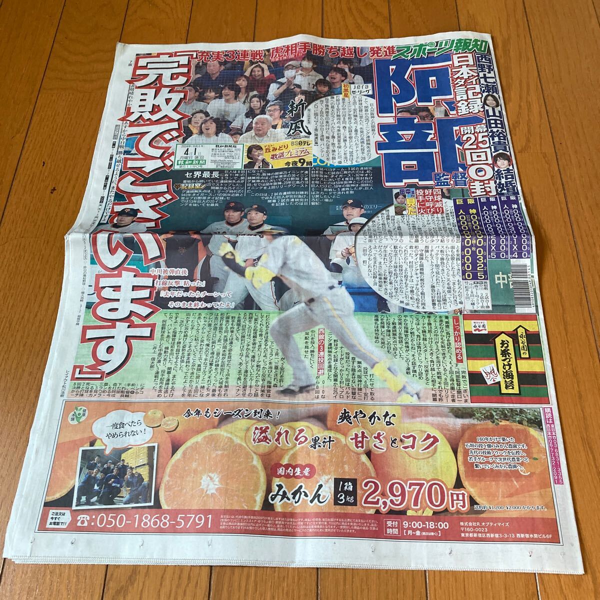 スポーツ報知 報知新聞 令和6年04月01日 巨人 ジャイアンツ 阿部慎之助 西野七瀬 山田裕貴 吉永小百合 堂本剛 近藤真彦 松任谷由実の画像1