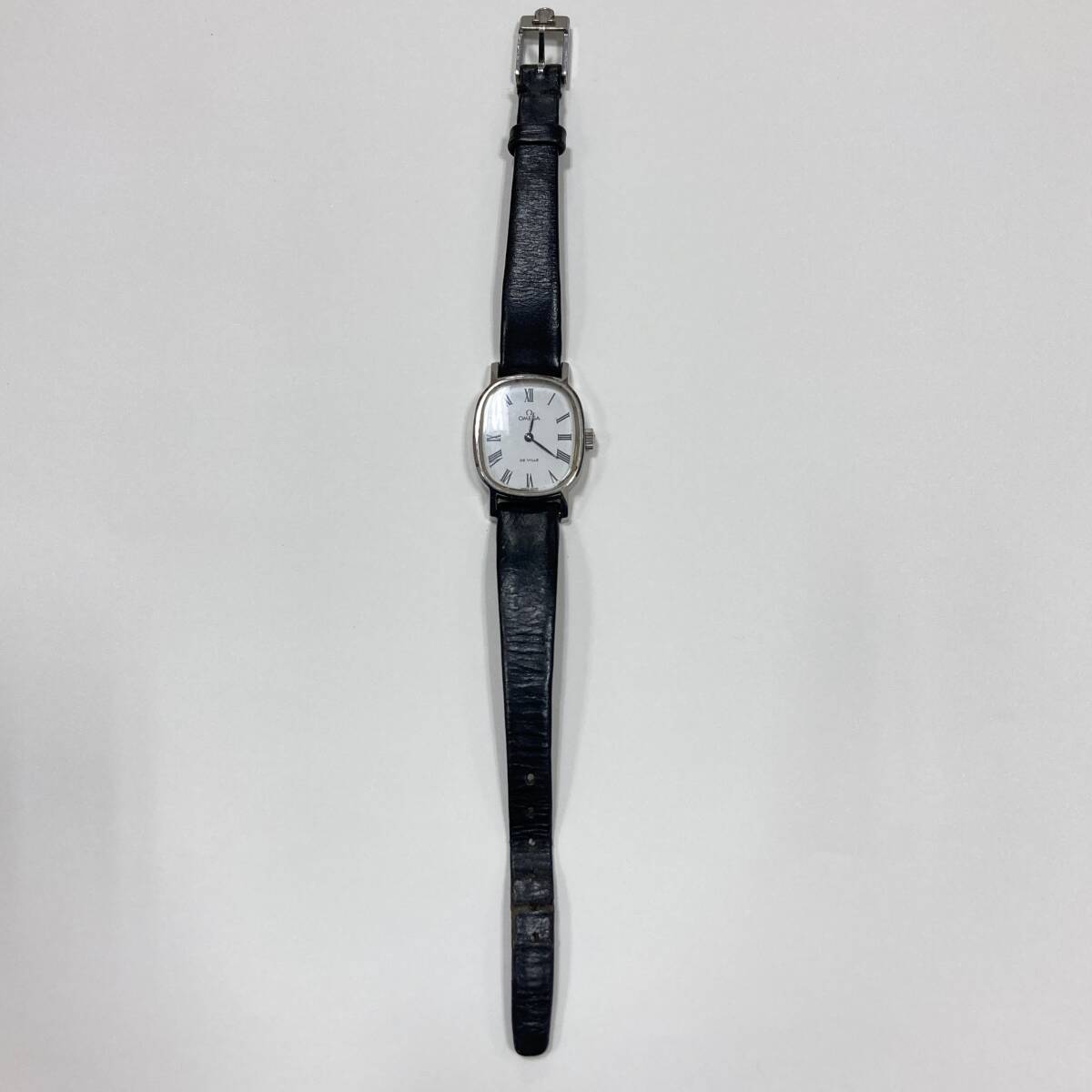 #1858 OMEGA オメガ DEVILLE デビル デヴィル 625 17石 手巻 スクエア 黒革 レディース 腕時計 ジャンク品の画像1