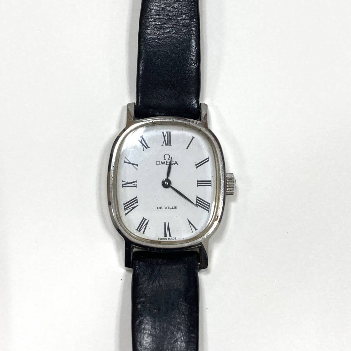 #1858 OMEGA オメガ DEVILLE デビル デヴィル 625 17石 手巻 スクエア 黒革 レディース 腕時計 ジャンク品の画像2