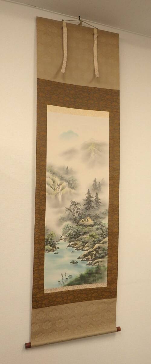 【真作】天命作 「彩色山水」 掛軸/巻き物 共箱付き 絹本 山水図 絵画/日本画/風景画 山/川 和風 インテリア『ZC020』_画像1