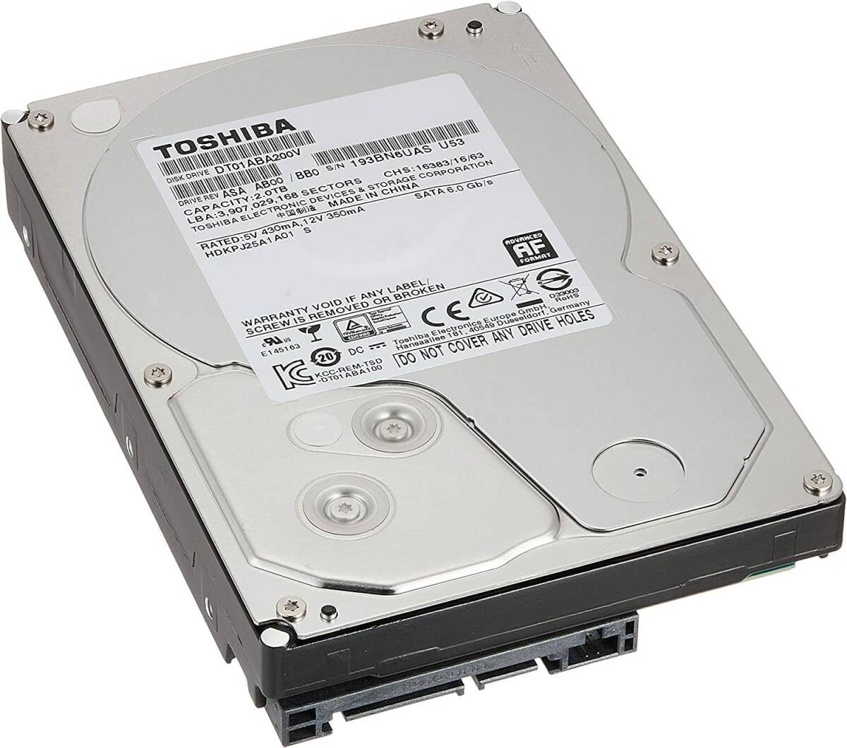 TOSHIBA DT01ABA200V 2TB 3.5 HDD SATA　美品　使用時間0時間　動作品　HDD-15_イメージ画像