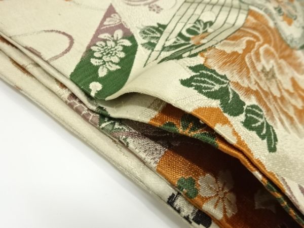 ys6961649; 鶴に牡丹・古楽器模様織り出し丸帯（材料）【アンティーク】【着】_画像9
