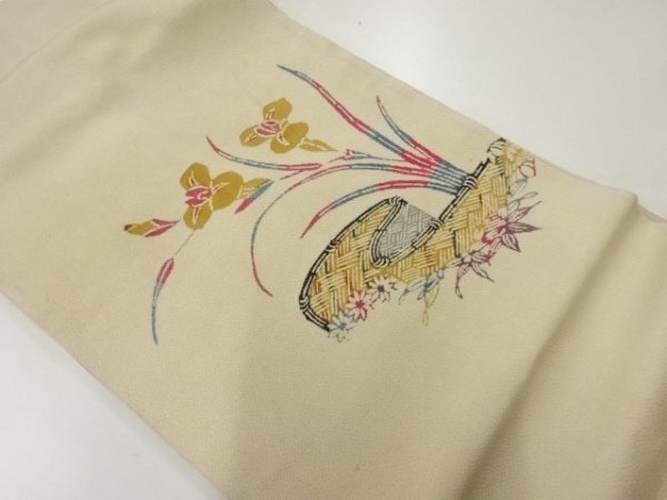 ys6936220; 縮緬地型染垣根に草花模様名古屋帯【アンティーク】【着】_画像2