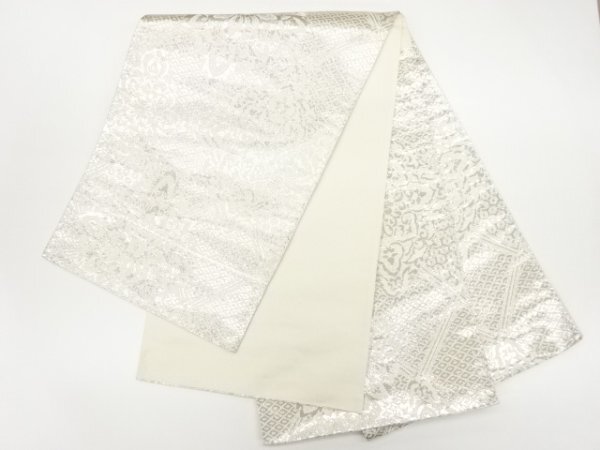ys6939200; 純銀箔華紋に古典柄模様織出し袋帯【着】_画像6
