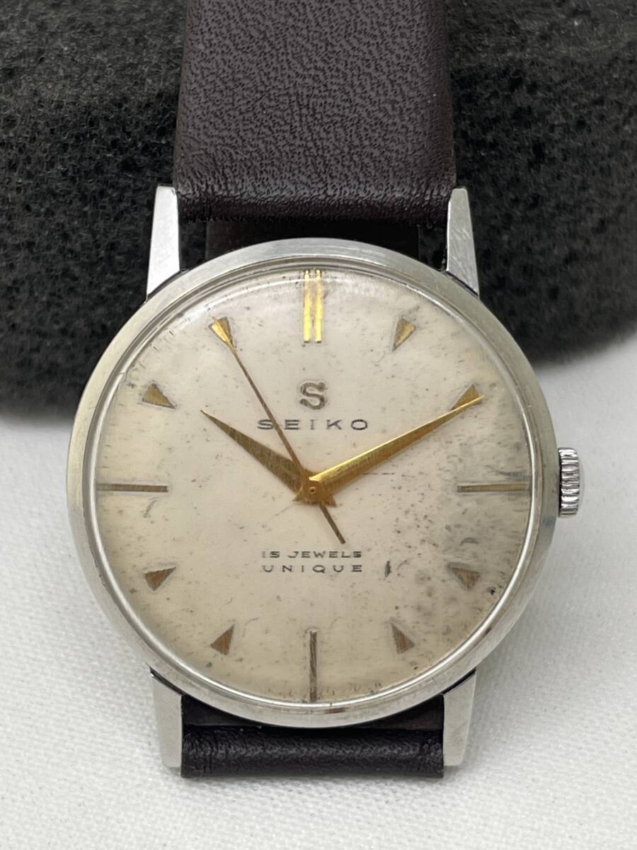 【M12】SEIKO Sマーク UNIQUE 15 JEWELS 楔インデックス 14036 SS 手巻き メンズ腕時計 稼働品の画像1