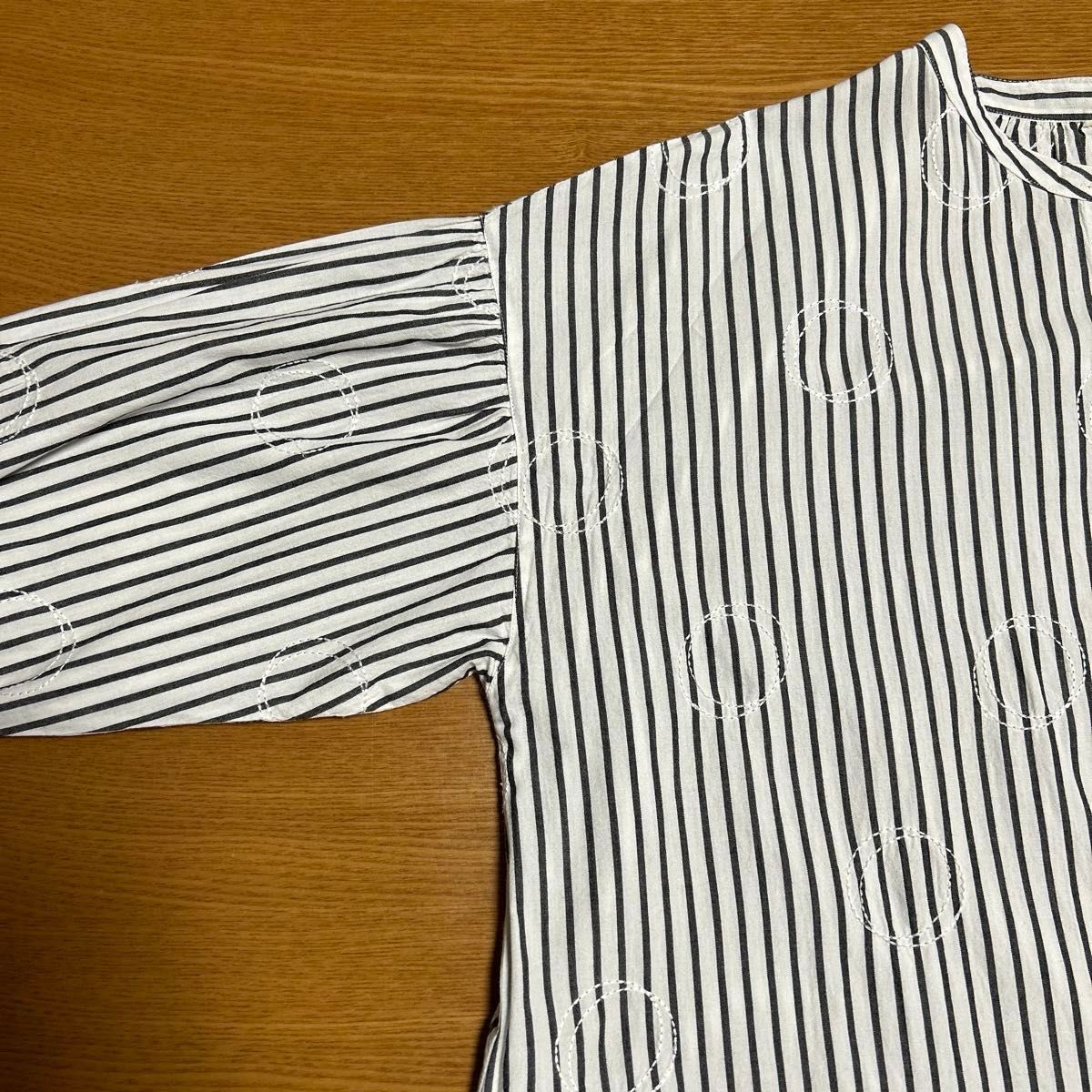 ロングシャツ　チュニック　七分袖　バンドカラー　ストライプ　刺繍入り　ブラックライン　コットン　M〜Lサイズ　ゆったりめ