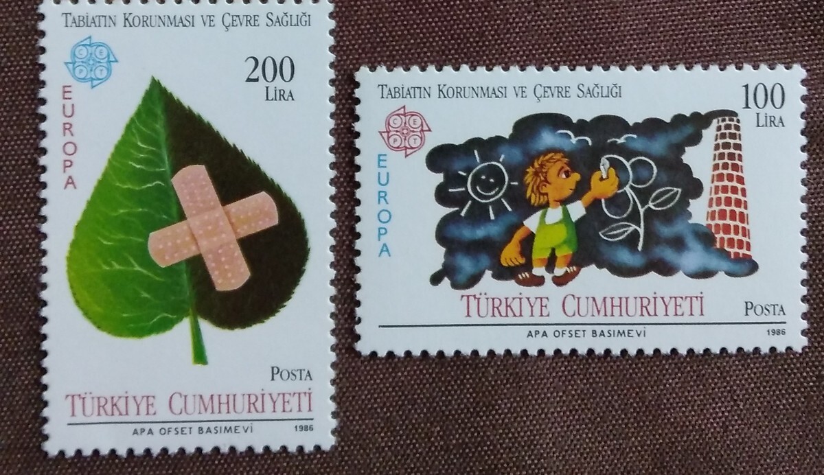 トルコ 1986 自然と環境の保護 2完 緑 植物 子供 ヨーロッパセプト 未使用糊ありの画像1