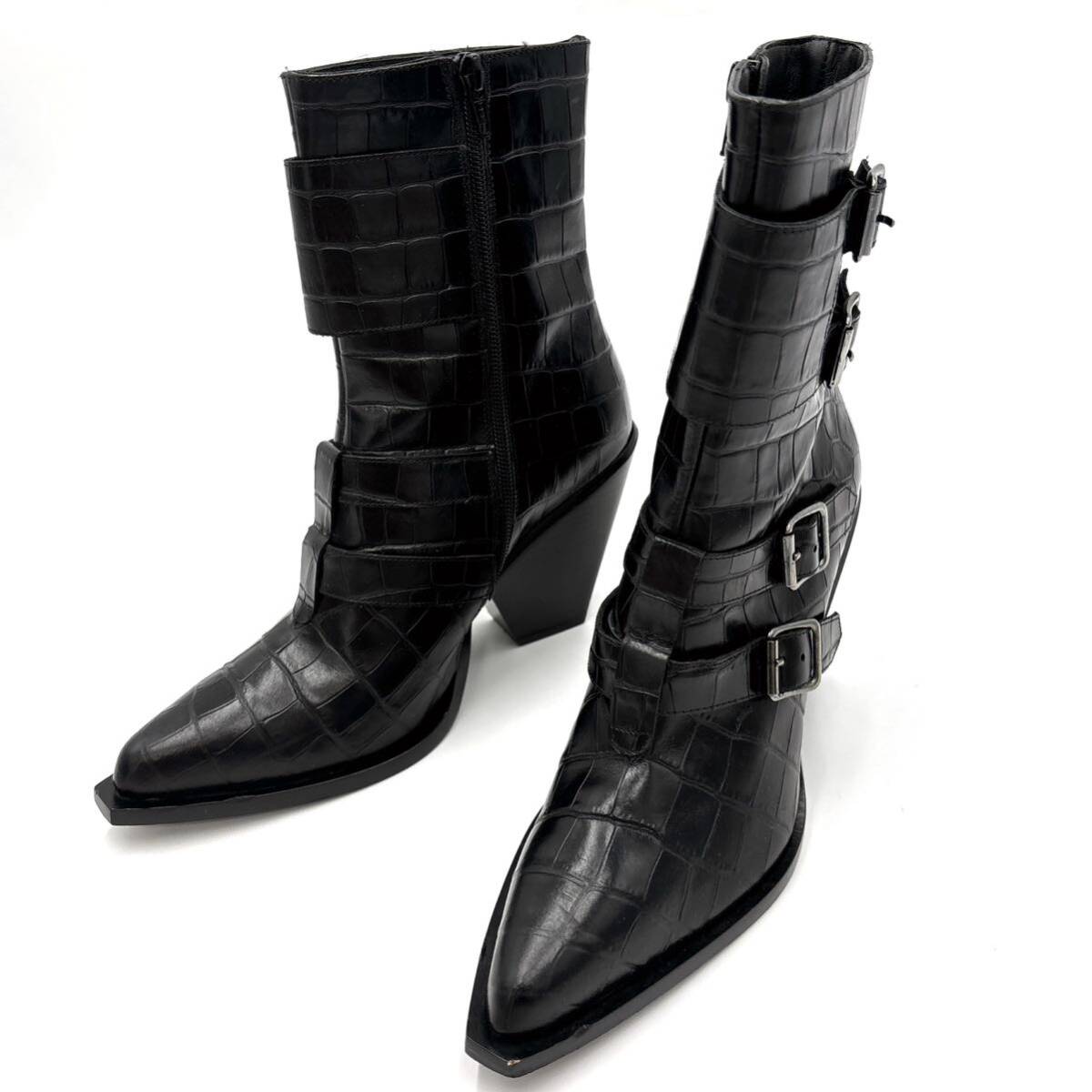 C ＊ 良品 イタリア製 '高級感溢れる' PINKO ピンコ 本革 クロコ型押し ミドル ヒール ブーツ 革靴 ブーティー EU39 24.5cm レディース_画像1