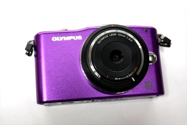 ■送料込み■ OLYMPUS オリンパス ミラーレスデジタル一眼カメラ PEN mini E-PM1 紫 レンズ BCL-1580 15mm F8 中古 動作品 現状品 a5319の画像3