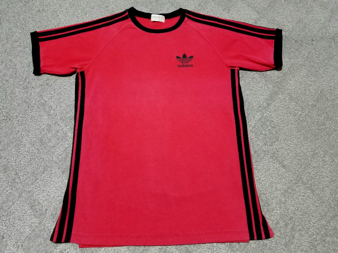 良好 80s ~ 90s 日本製 adidas アディダス トレフォイル プリント Tシャツ 赤 黒 S ~ M デサント期 ビンテージ_画像2