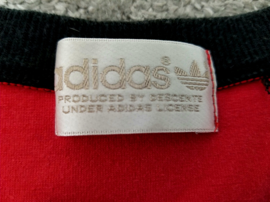 良好 80s ~ 90s 日本製 adidas アディダス トレフォイル プリント Tシャツ 赤 黒 S ~ M デサント期 ビンテージ_画像7