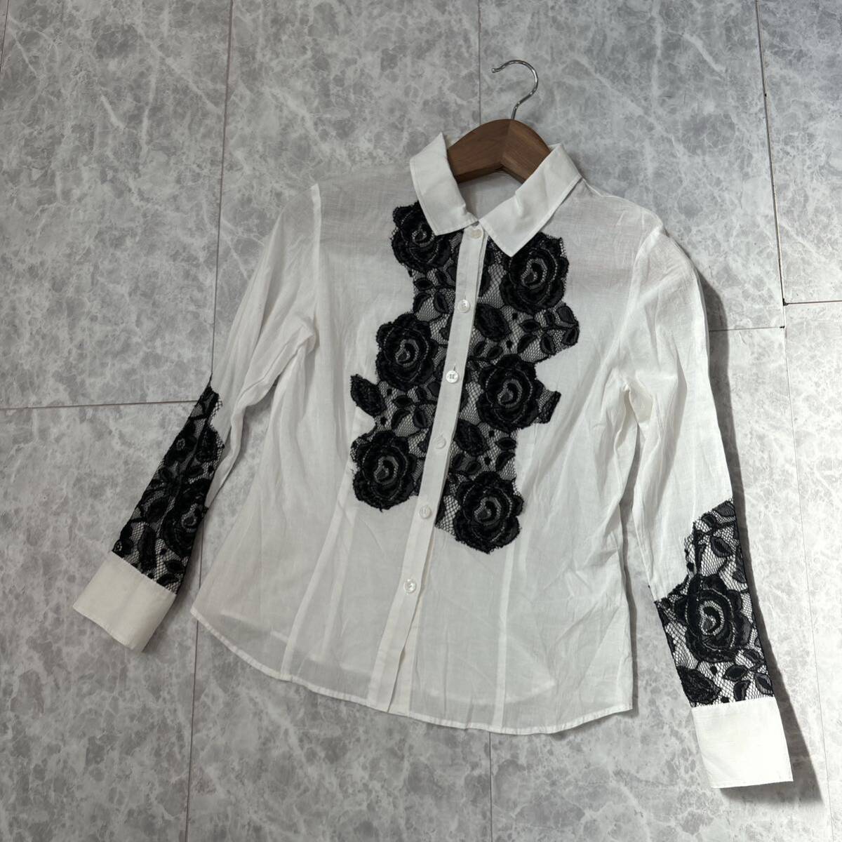 AA ＊ 日本製 'ラグジュアリーウェア' GIVENCHY ジバンシィ 長袖 レース装飾 ボタンシャツ size40 レディース 高級婦人服 トップス_画像2