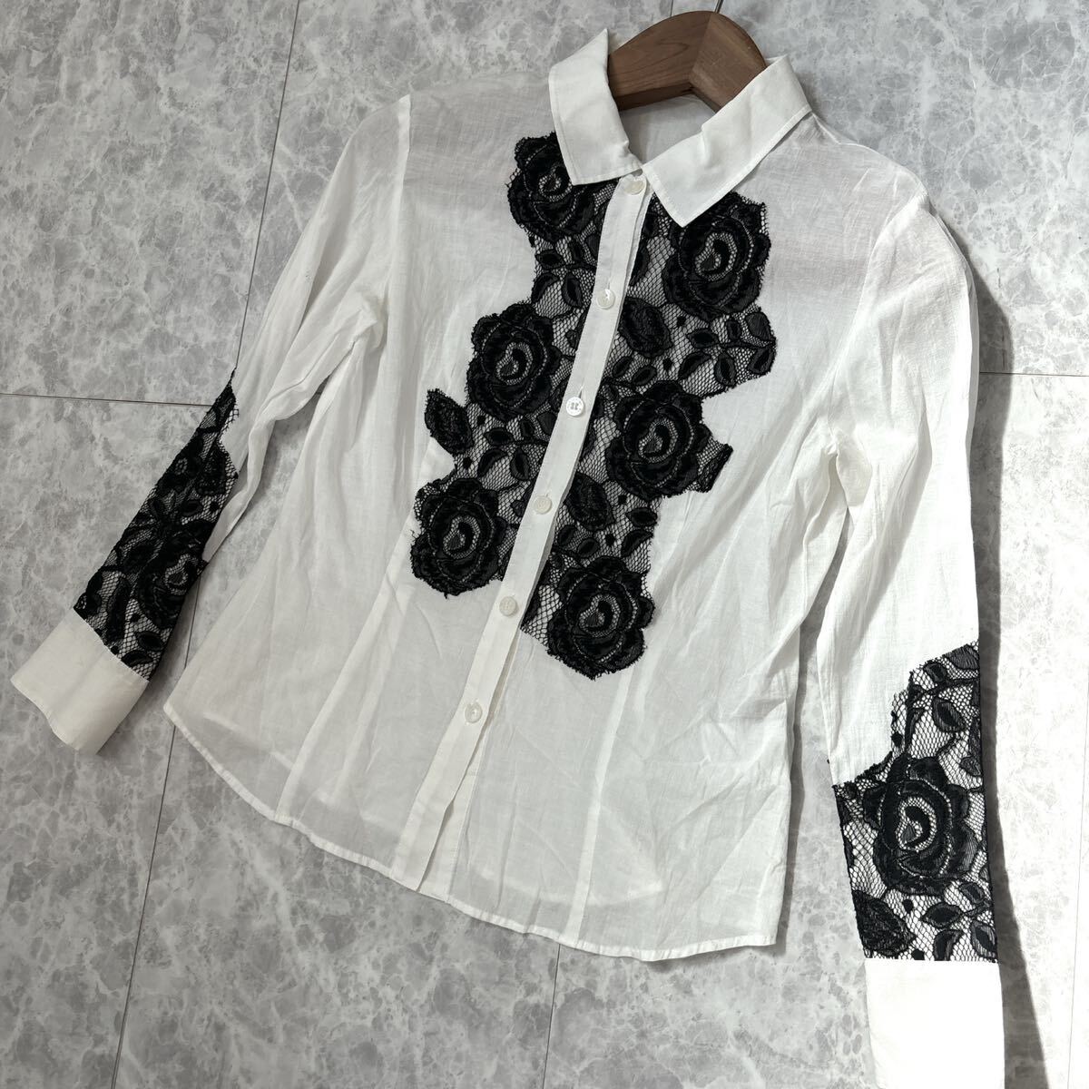 AA ＊ 日本製 'ラグジュアリーウェア' GIVENCHY ジバンシィ 長袖 レース装飾 ボタンシャツ size40 レディース 高級婦人服 トップス_画像1
